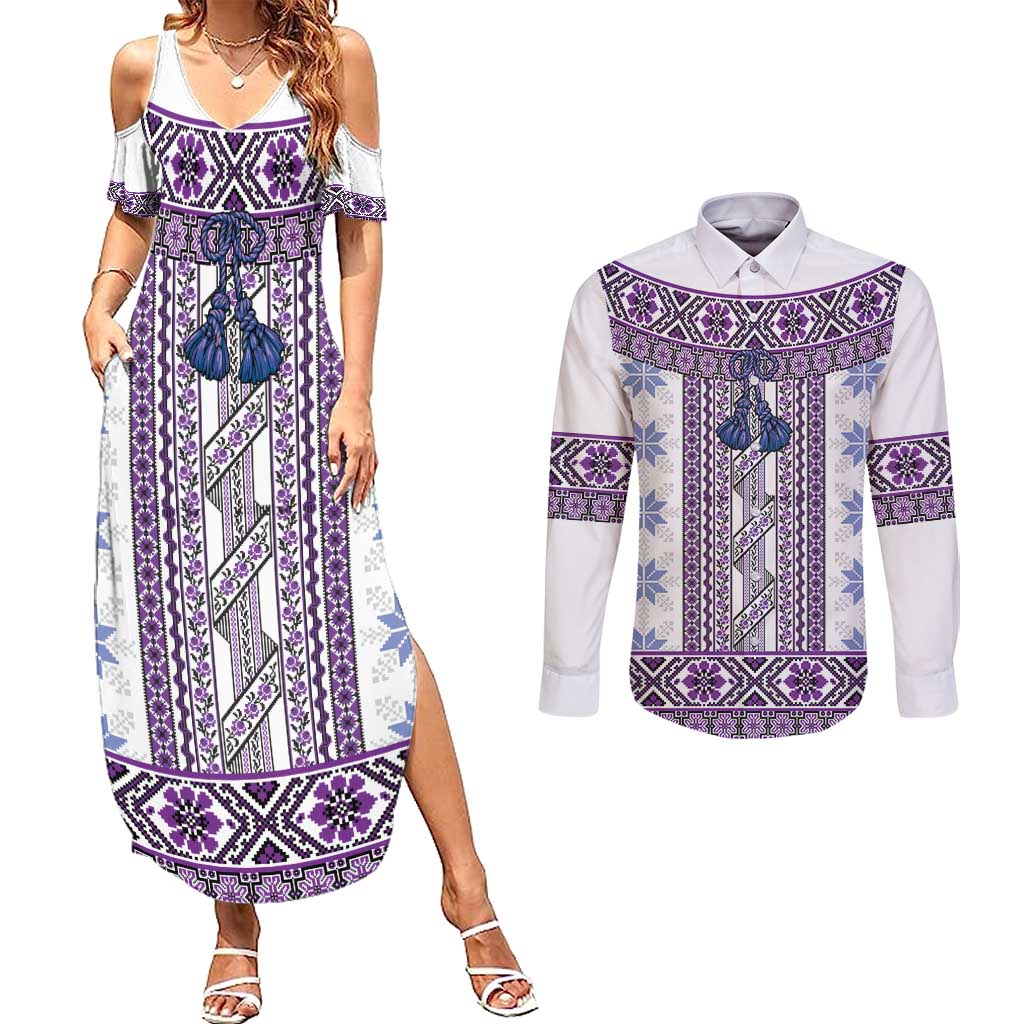 Ukraine Couples Matching Summer Maxi Dress and Long Sleeve Button Shirt Traditional Braided Rope Belt Purple Folk Pattern