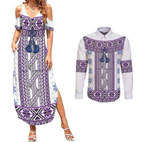 Ukraine Couples Matching Summer Maxi Dress and Long Sleeve Button Shirt Traditional Braided Rope Belt Purple Folk Pattern