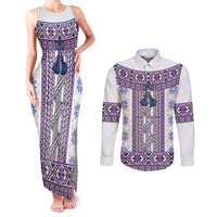Ukraine Couples Matching Tank Maxi Dress and Long Sleeve Button Shirt Traditional Braided Rope Belt Purple Folk Pattern