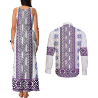 Ukraine Couples Matching Tank Maxi Dress and Long Sleeve Button Shirt Traditional Braided Rope Belt Purple Folk Pattern