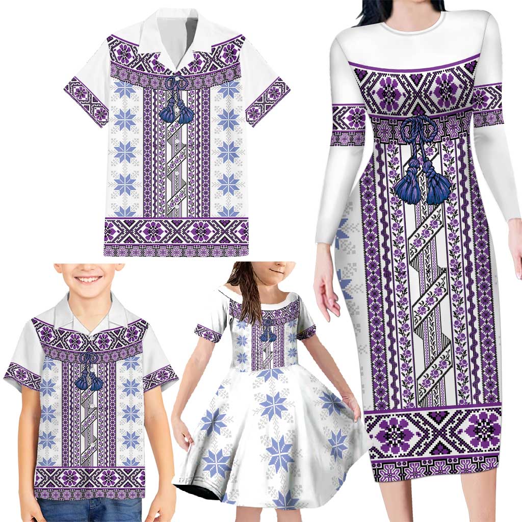 Ukraine Family Matching Long Sleeve Bodycon Dress and Hawaiian Shirt Traditional Braided Rope Belt Purple Folk Pattern