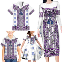 Ukraine Family Matching Long Sleeve Bodycon Dress and Hawaiian Shirt Traditional Braided Rope Belt Purple Folk Pattern