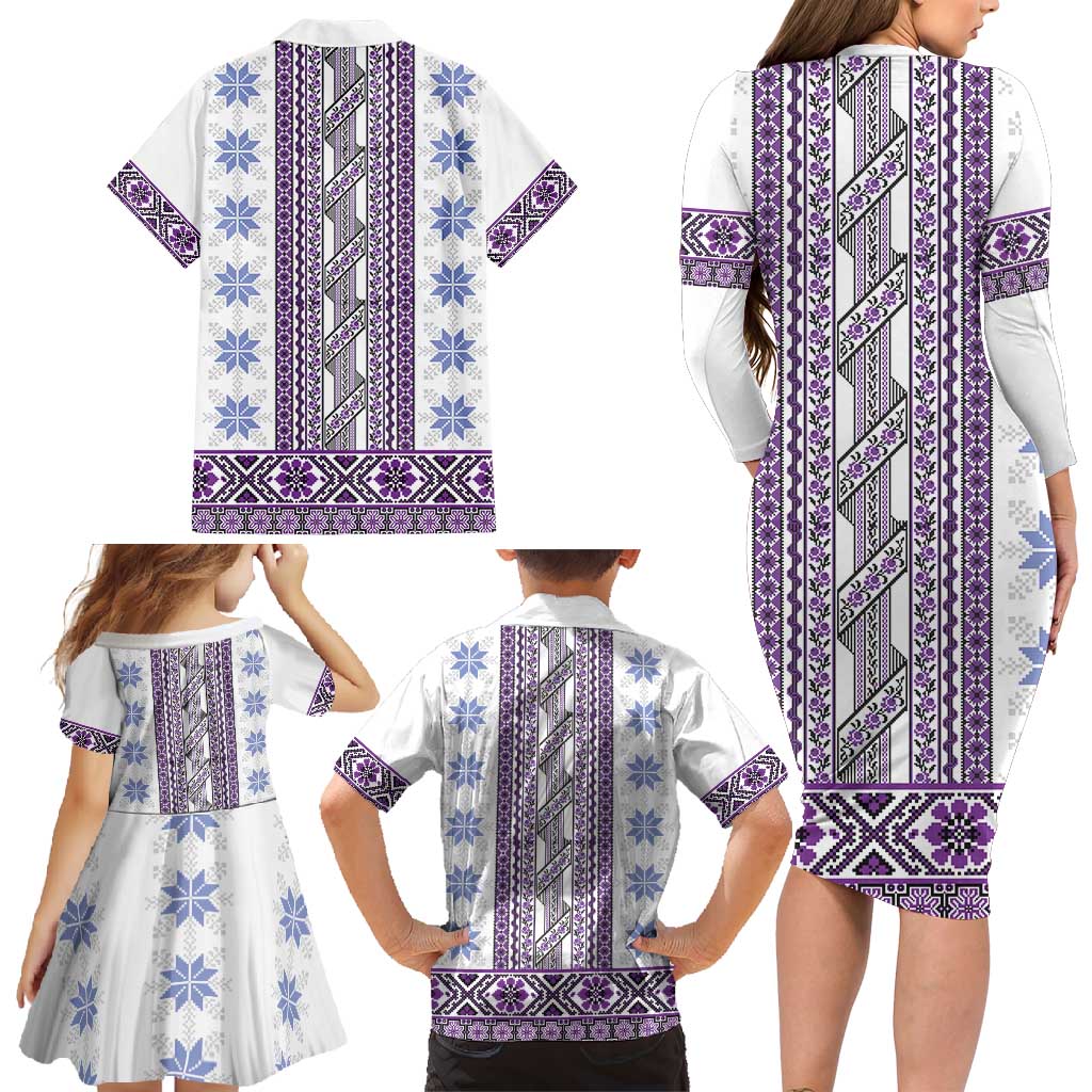 Ukraine Family Matching Long Sleeve Bodycon Dress and Hawaiian Shirt Traditional Braided Rope Belt Purple Folk Pattern