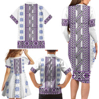 Ukraine Family Matching Long Sleeve Bodycon Dress and Hawaiian Shirt Traditional Braided Rope Belt Purple Folk Pattern
