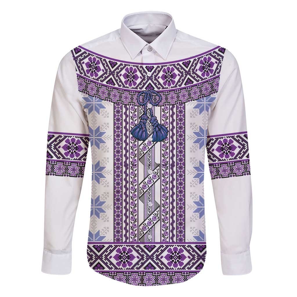 Ukraine Family Matching Long Sleeve Bodycon Dress and Hawaiian Shirt Traditional Braided Rope Belt Purple Folk Pattern