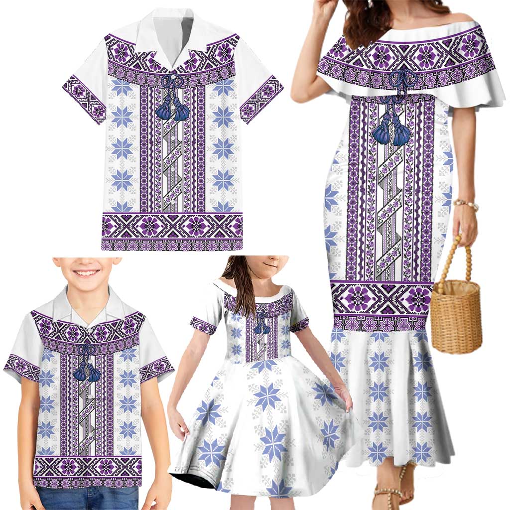 Ukraine Family Matching Mermaid Dress and Hawaiian Shirt Traditional Braided Rope Belt Purple Folk Pattern