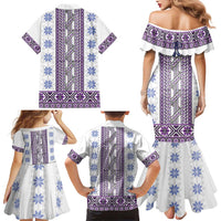 Ukraine Family Matching Mermaid Dress and Hawaiian Shirt Traditional Braided Rope Belt Purple Folk Pattern