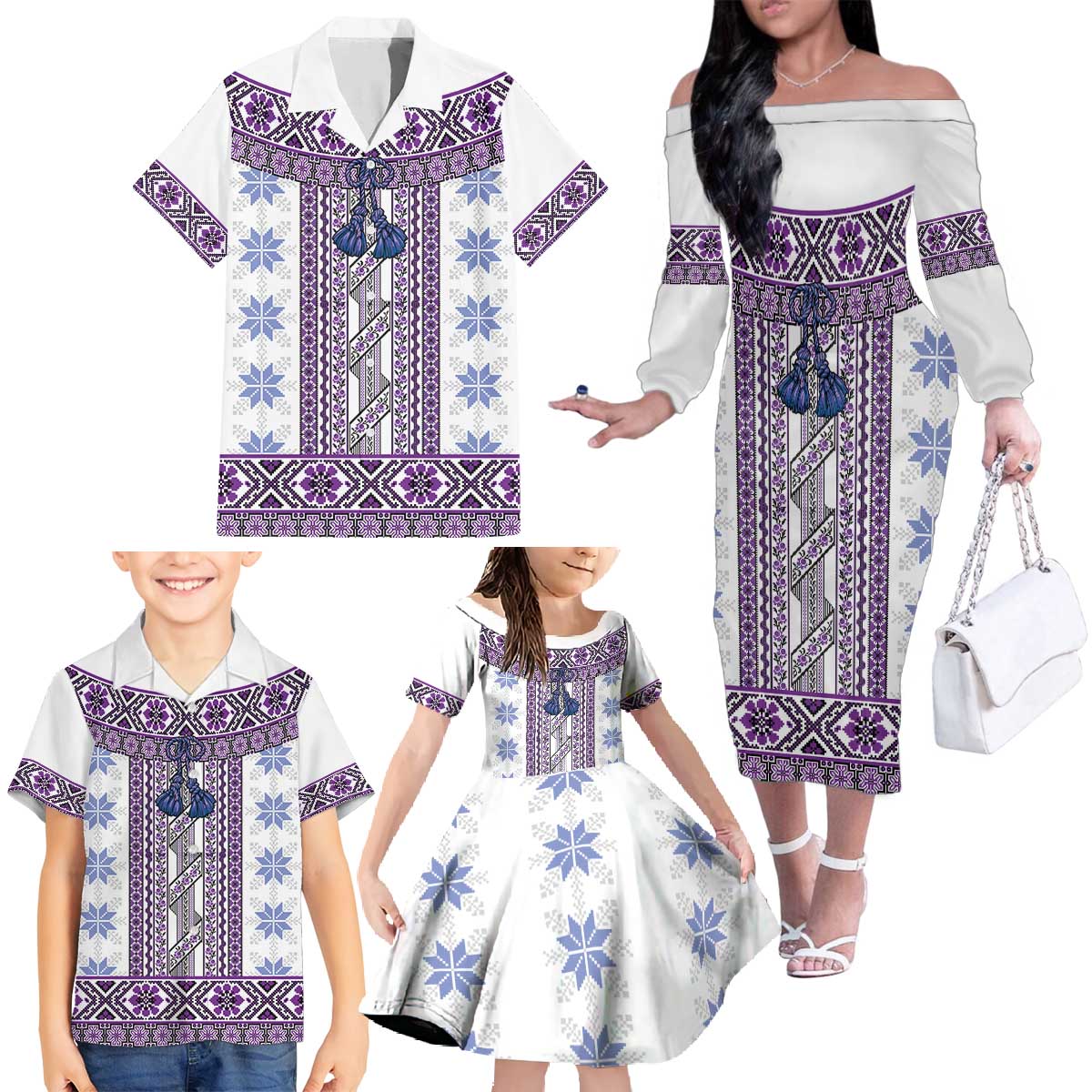 Ukraine Family Matching Off The Shoulder Long Sleeve Dress and Hawaiian Shirt Traditional Braided Rope Belt Purple Folk Pattern