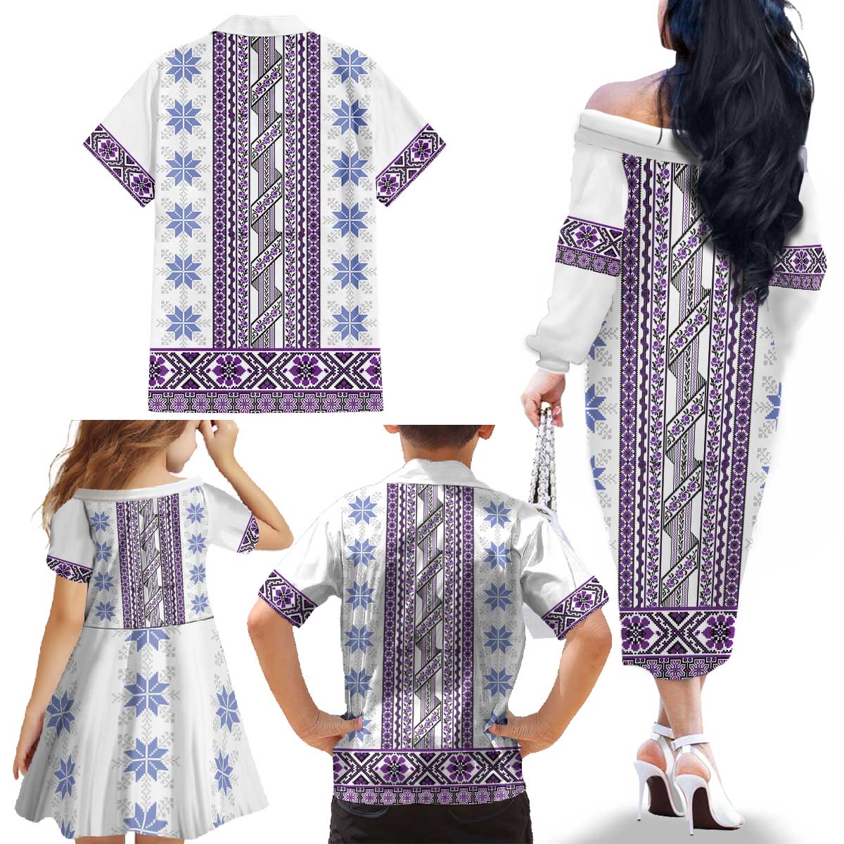 Ukraine Family Matching Off The Shoulder Long Sleeve Dress and Hawaiian Shirt Traditional Braided Rope Belt Purple Folk Pattern