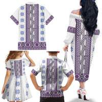 Ukraine Family Matching Off The Shoulder Long Sleeve Dress and Hawaiian Shirt Traditional Braided Rope Belt Purple Folk Pattern
