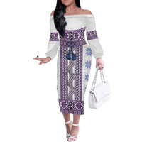 Ukraine Family Matching Off The Shoulder Long Sleeve Dress and Hawaiian Shirt Traditional Braided Rope Belt Purple Folk Pattern