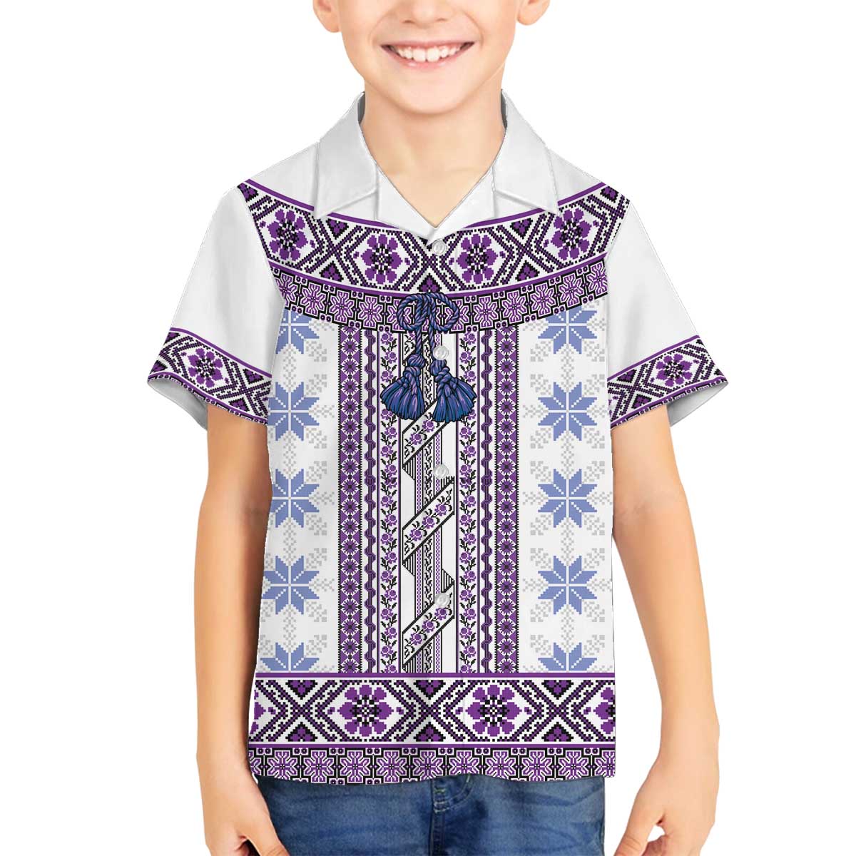 Ukraine Family Matching Off The Shoulder Long Sleeve Dress and Hawaiian Shirt Traditional Braided Rope Belt Purple Folk Pattern
