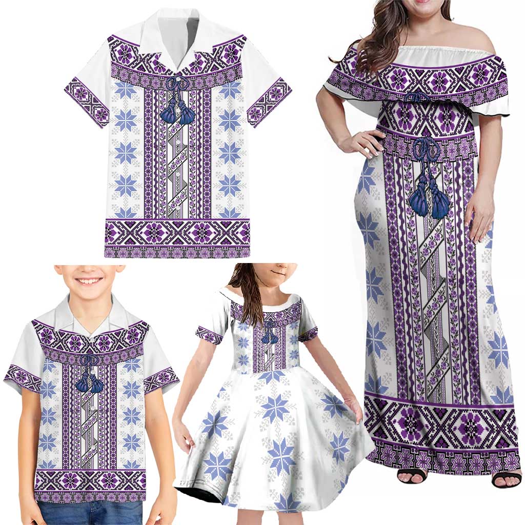 Ukraine Family Matching Off Shoulder Maxi Dress and Hawaiian Shirt Traditional Braided Rope Belt Purple Folk Pattern