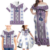 Ukraine Family Matching Off Shoulder Maxi Dress and Hawaiian Shirt Traditional Braided Rope Belt Purple Folk Pattern