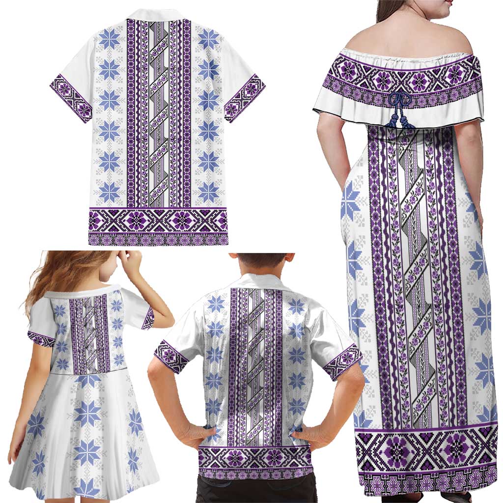 Ukraine Family Matching Off Shoulder Maxi Dress and Hawaiian Shirt Traditional Braided Rope Belt Purple Folk Pattern