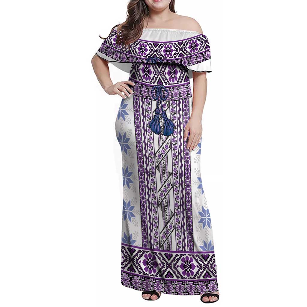 Ukraine Family Matching Off Shoulder Maxi Dress and Hawaiian Shirt Traditional Braided Rope Belt Purple Folk Pattern