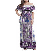 Ukraine Family Matching Off Shoulder Maxi Dress and Hawaiian Shirt Traditional Braided Rope Belt Purple Folk Pattern