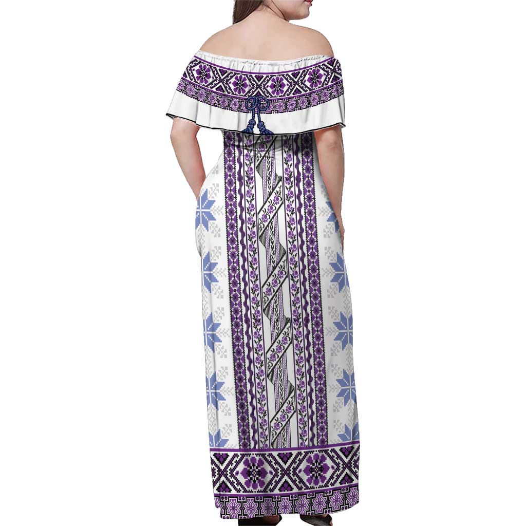 Ukraine Family Matching Off Shoulder Maxi Dress and Hawaiian Shirt Traditional Braided Rope Belt Purple Folk Pattern