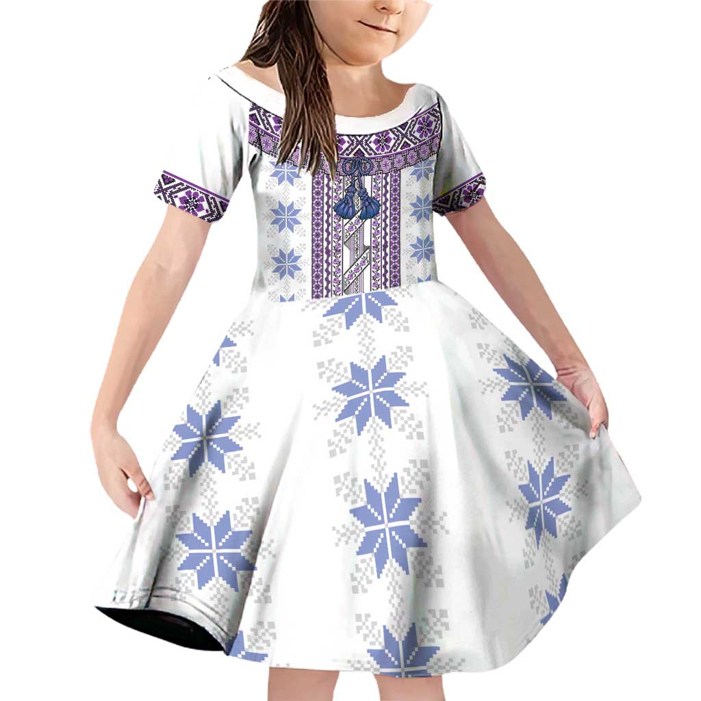 Ukraine Family Matching Off Shoulder Short Dress and Hawaiian Shirt Traditional Braided Rope Belt Purple Folk Pattern