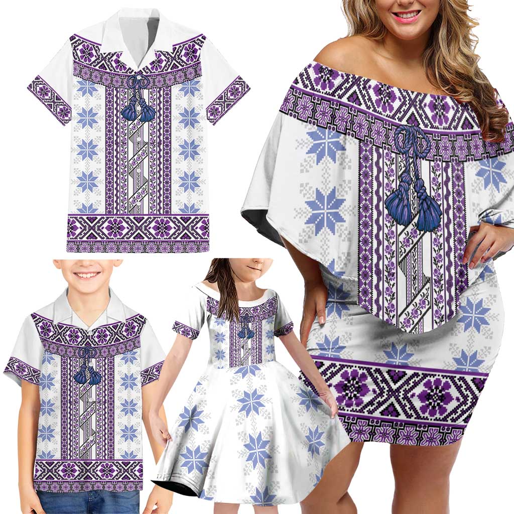 Ukraine Family Matching Off Shoulder Short Dress and Hawaiian Shirt Traditional Braided Rope Belt Purple Folk Pattern