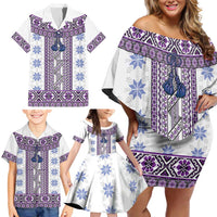 Ukraine Family Matching Off Shoulder Short Dress and Hawaiian Shirt Traditional Braided Rope Belt Purple Folk Pattern