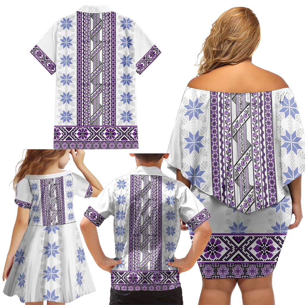Ukraine Family Matching Off Shoulder Short Dress and Hawaiian Shirt Traditional Braided Rope Belt Purple Folk Pattern