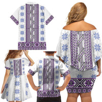 Ukraine Family Matching Off Shoulder Short Dress and Hawaiian Shirt Traditional Braided Rope Belt Purple Folk Pattern