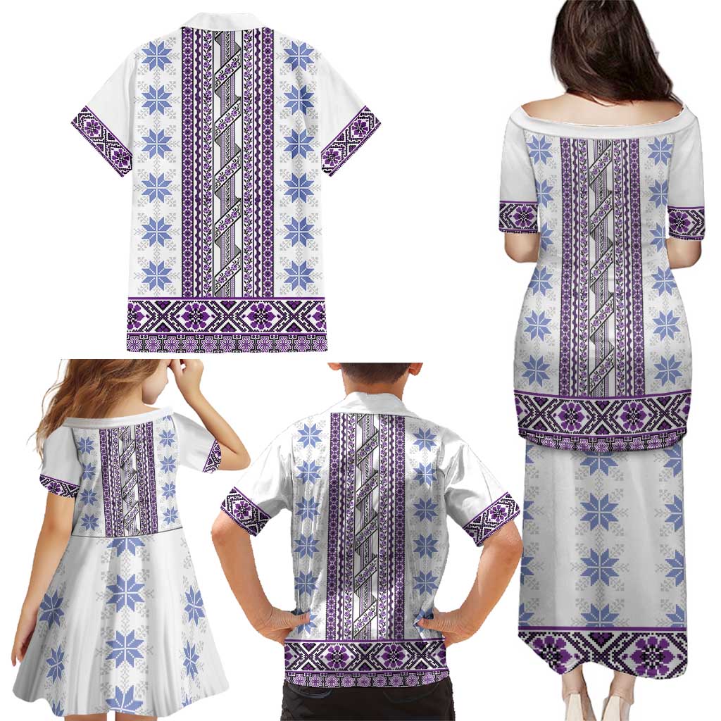 Ukraine Family Matching Puletasi and Hawaiian Shirt Traditional Braided Rope Belt Purple Folk Pattern