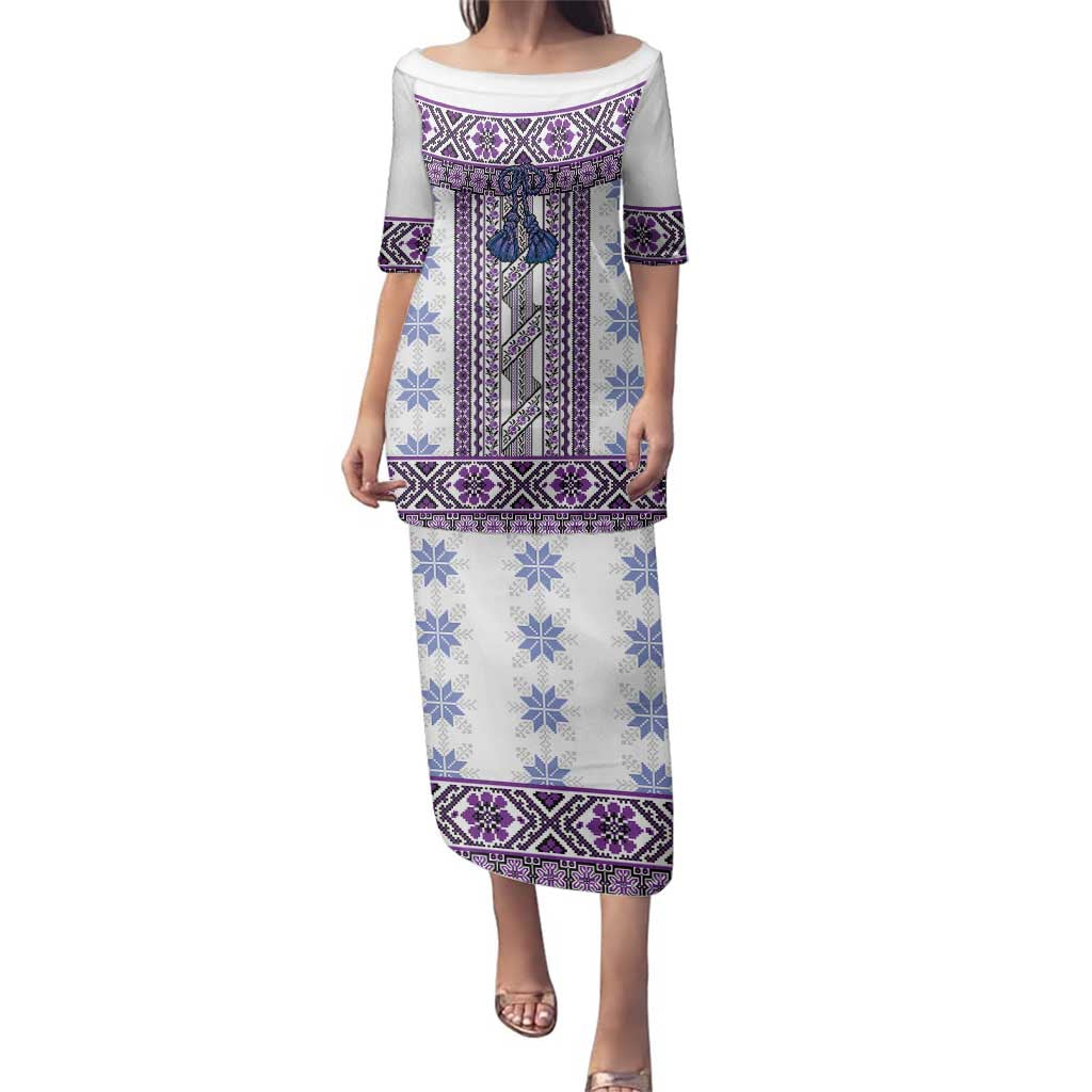 Ukraine Family Matching Puletasi and Hawaiian Shirt Traditional Braided Rope Belt Purple Folk Pattern