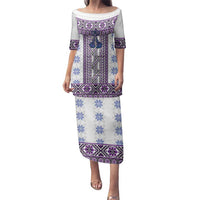 Ukraine Family Matching Puletasi and Hawaiian Shirt Traditional Braided Rope Belt Purple Folk Pattern