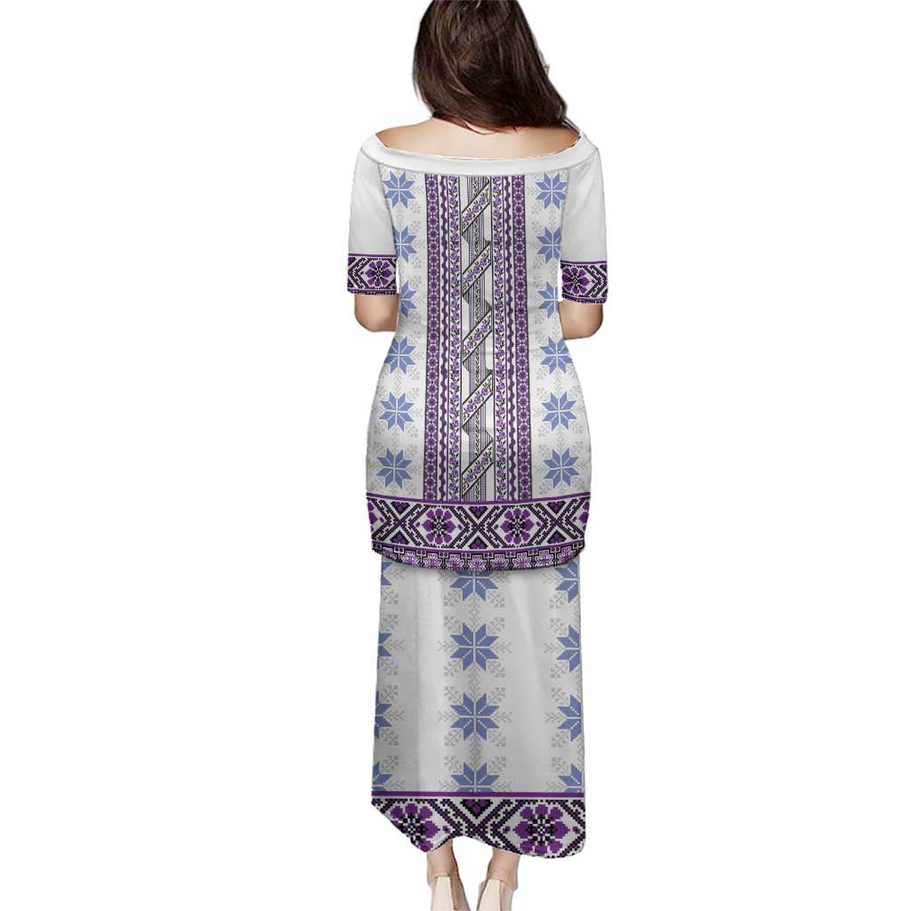 Ukraine Family Matching Puletasi and Hawaiian Shirt Traditional Braided Rope Belt Purple Folk Pattern