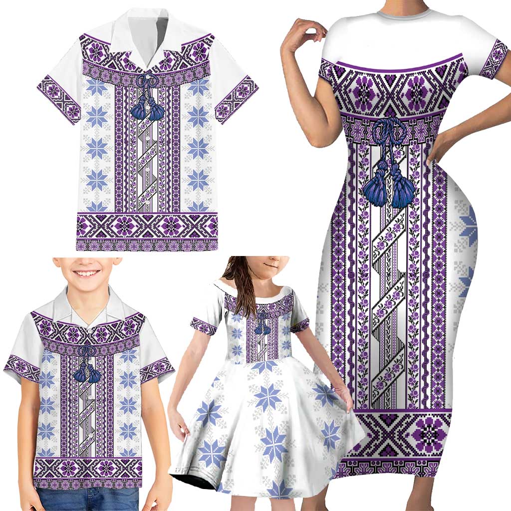 Ukraine Family Matching Short Sleeve Bodycon Dress and Hawaiian Shirt Traditional Braided Rope Belt Purple Folk Pattern