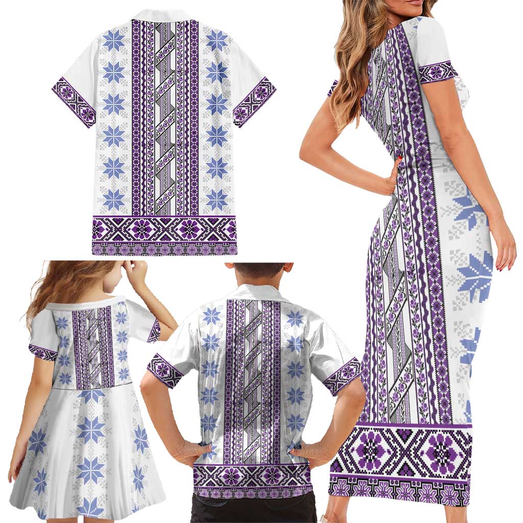 Ukraine Family Matching Short Sleeve Bodycon Dress and Hawaiian Shirt Traditional Braided Rope Belt Purple Folk Pattern