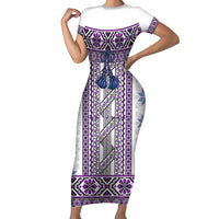 Ukraine Family Matching Short Sleeve Bodycon Dress and Hawaiian Shirt Traditional Braided Rope Belt Purple Folk Pattern