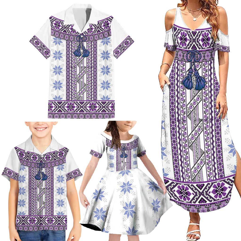 Ukraine Family Matching Summer Maxi Dress and Hawaiian Shirt Traditional Braided Rope Belt Purple Folk Pattern