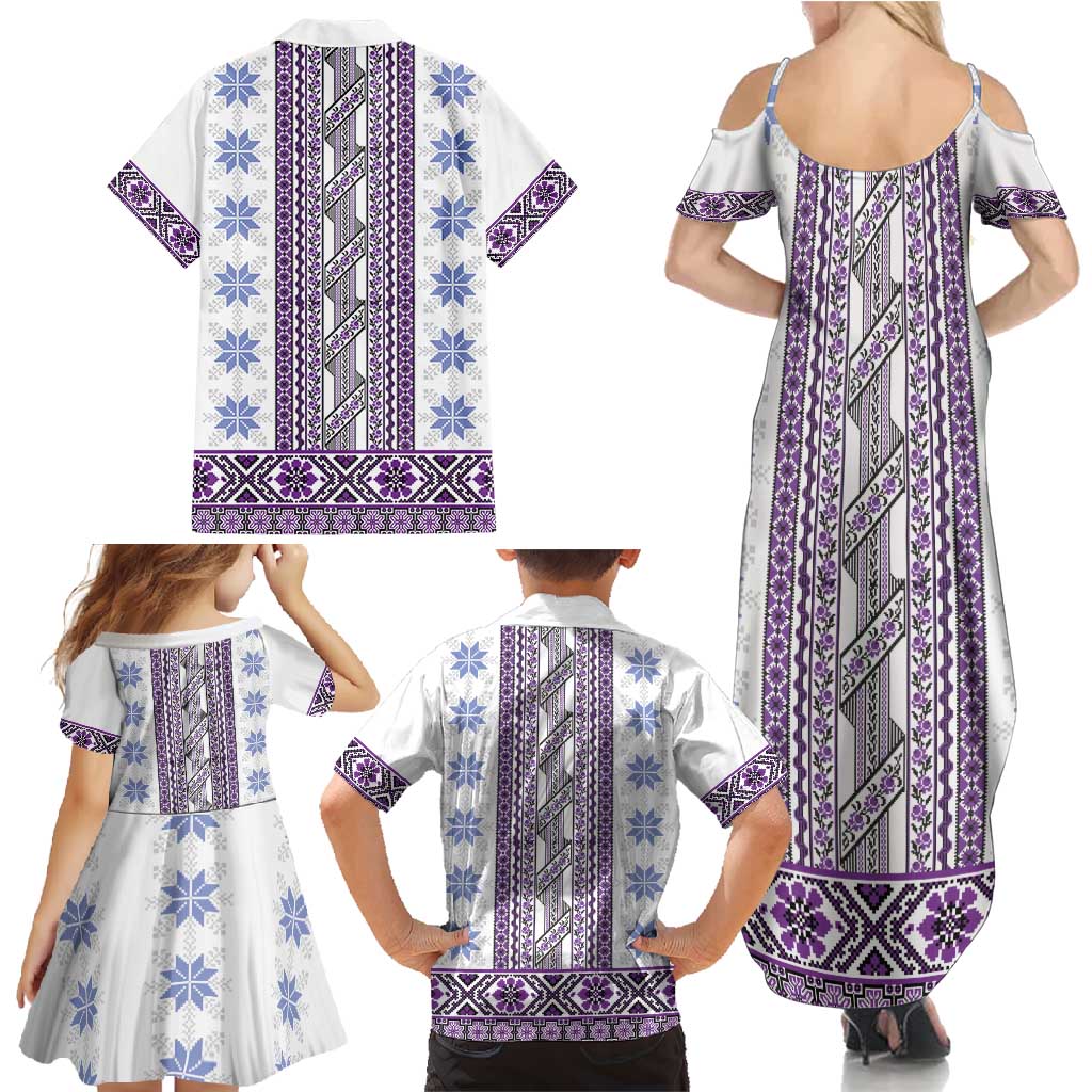Ukraine Family Matching Summer Maxi Dress and Hawaiian Shirt Traditional Braided Rope Belt Purple Folk Pattern