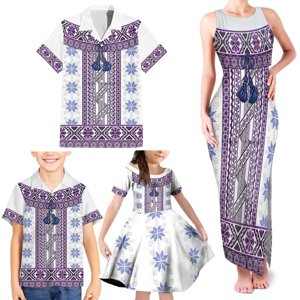 Ukraine Family Matching Tank Maxi Dress and Hawaiian Shirt Traditional Braided Rope Belt Purple Folk Pattern
