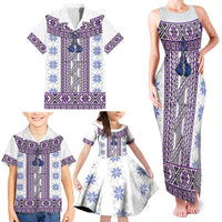 Ukraine Family Matching Tank Maxi Dress and Hawaiian Shirt Traditional Braided Rope Belt Purple Folk Pattern