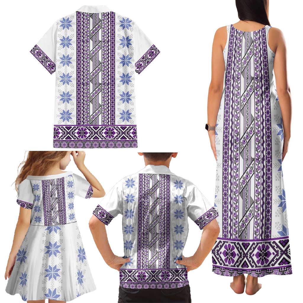 Ukraine Family Matching Tank Maxi Dress and Hawaiian Shirt Traditional Braided Rope Belt Purple Folk Pattern