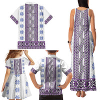 Ukraine Family Matching Tank Maxi Dress and Hawaiian Shirt Traditional Braided Rope Belt Purple Folk Pattern