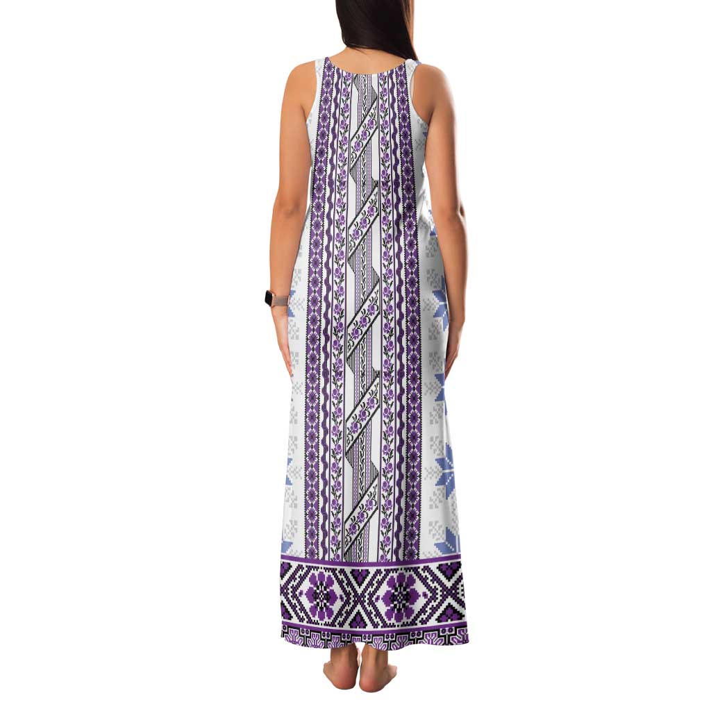Ukraine Family Matching Tank Maxi Dress and Hawaiian Shirt Traditional Braided Rope Belt Purple Folk Pattern