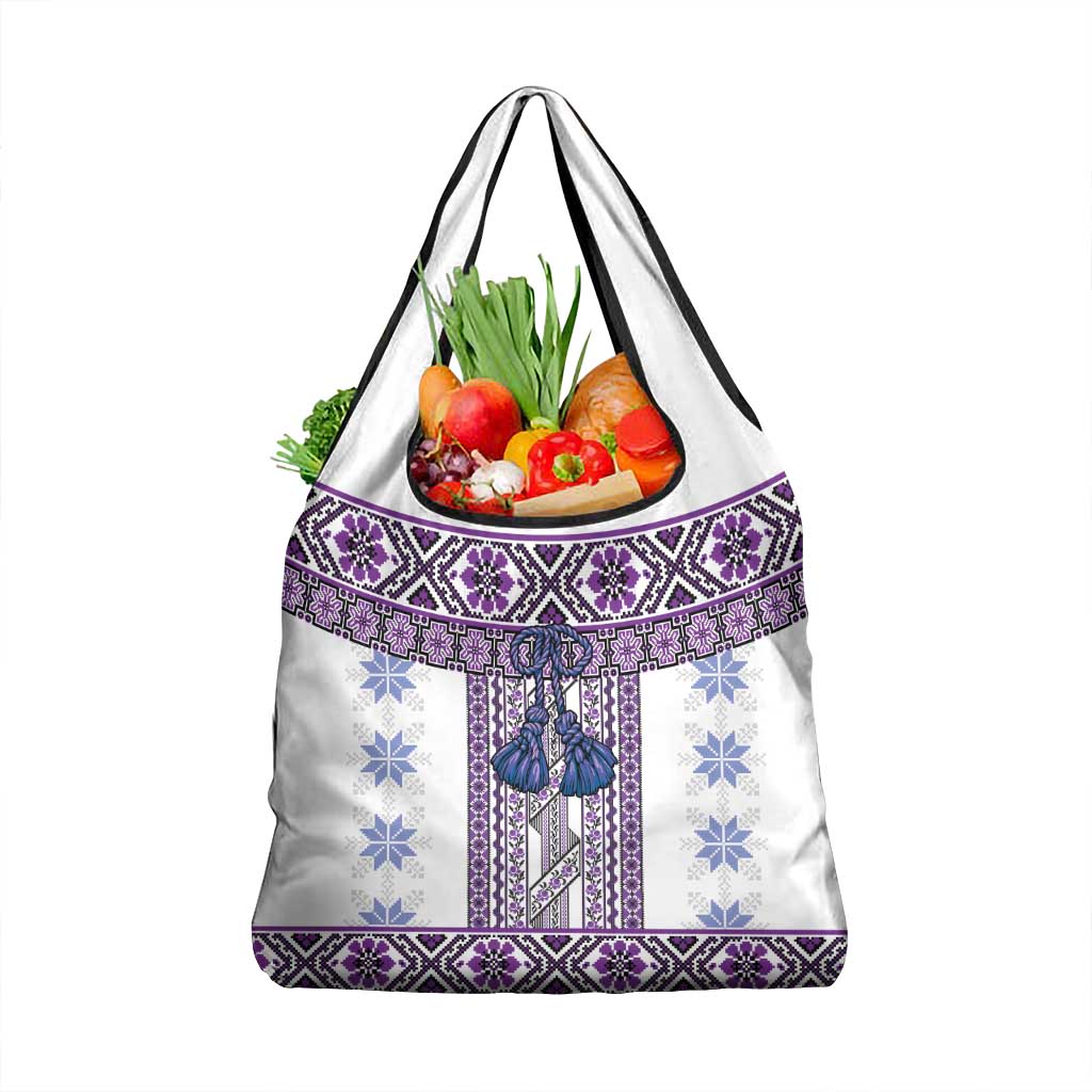 Ukraine Grocery Bag Traditional Braided Rope Belt Purple Folk Pattern