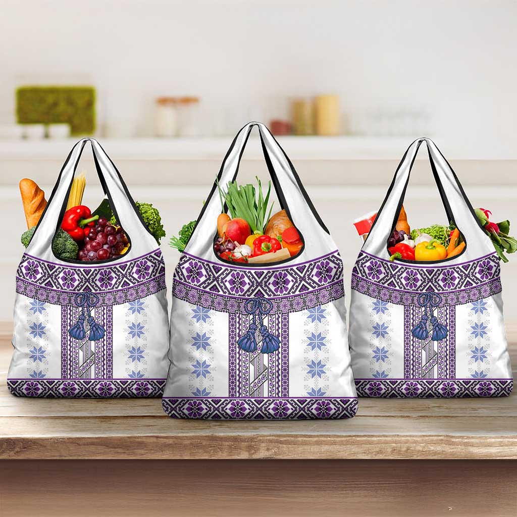 Ukraine Grocery Bag Traditional Braided Rope Belt Purple Folk Pattern