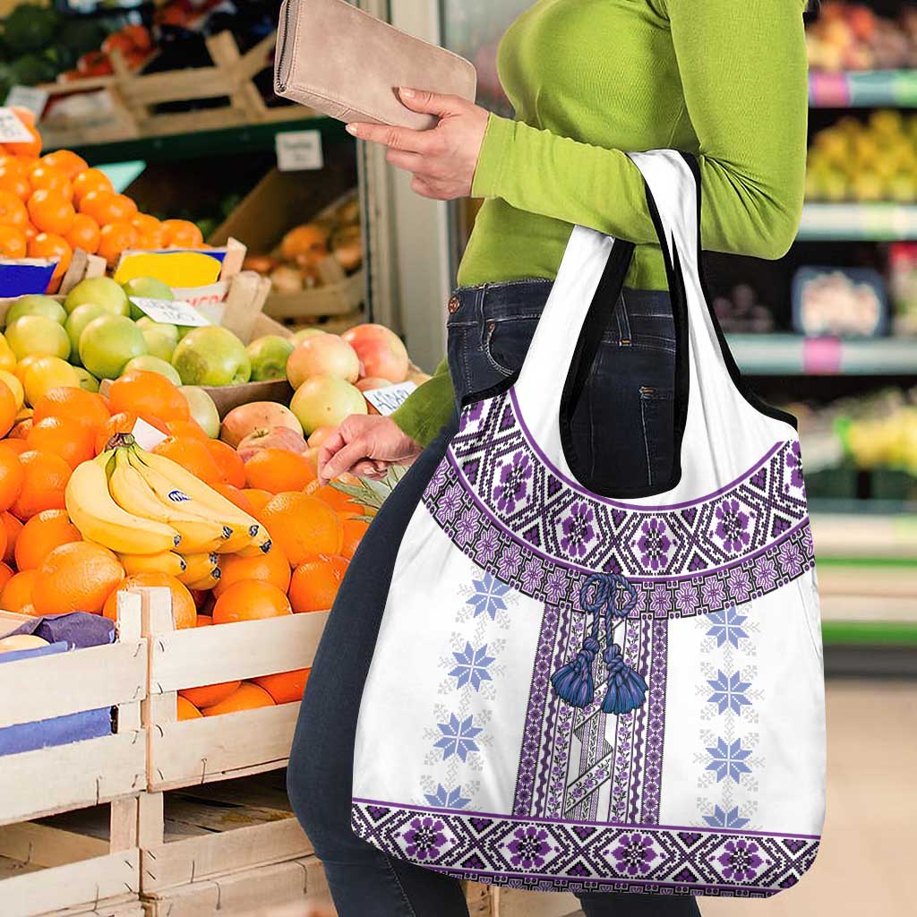 Ukraine Grocery Bag Traditional Braided Rope Belt Purple Folk Pattern
