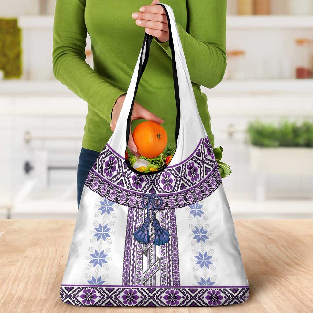 Ukraine Grocery Bag Traditional Braided Rope Belt Purple Folk Pattern