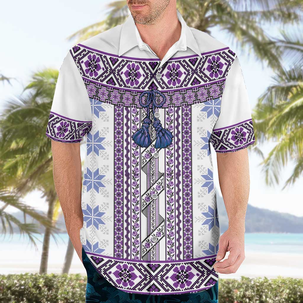 Ukraine Hawaiian Shirt Traditional Braided Rope Belt Purple Folk Pattern