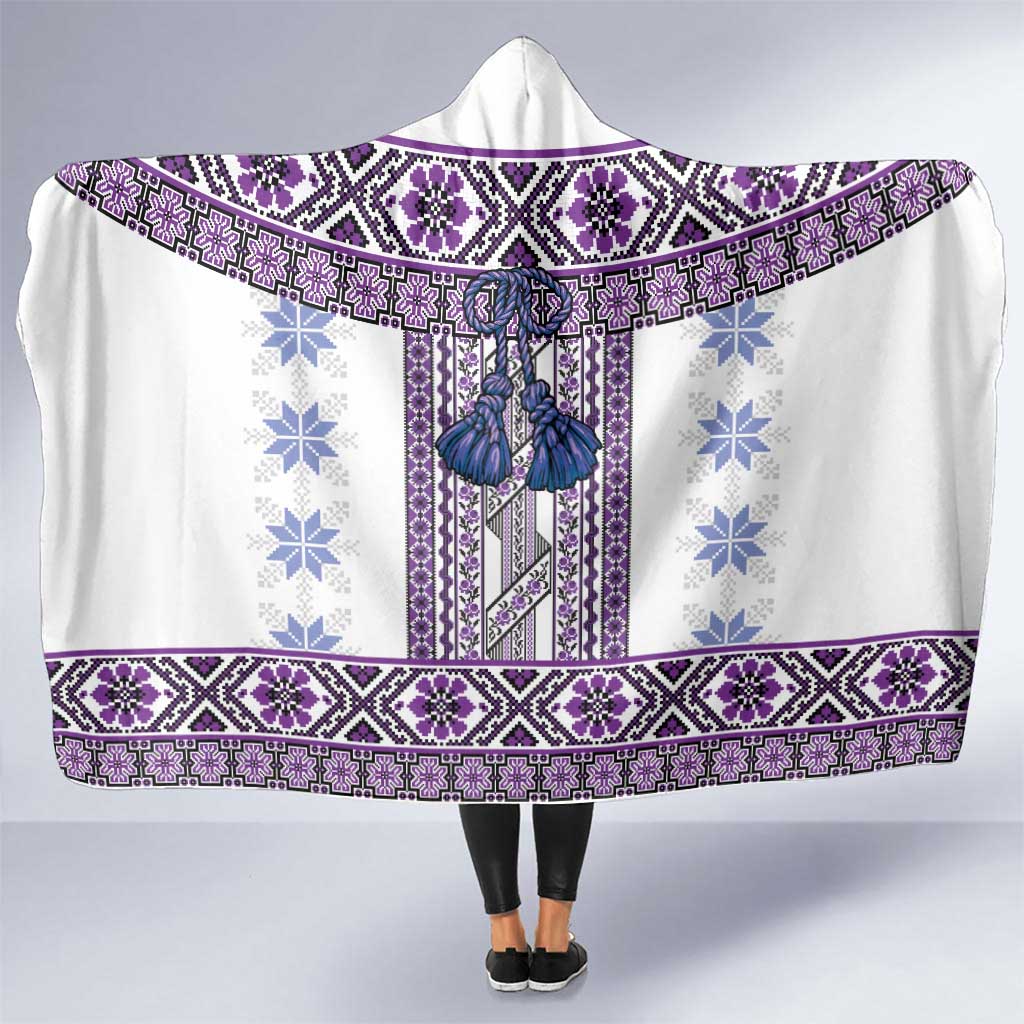 Ukraine Hooded Blanket Traditional Braided Rope Belt Purple Folk Pattern
