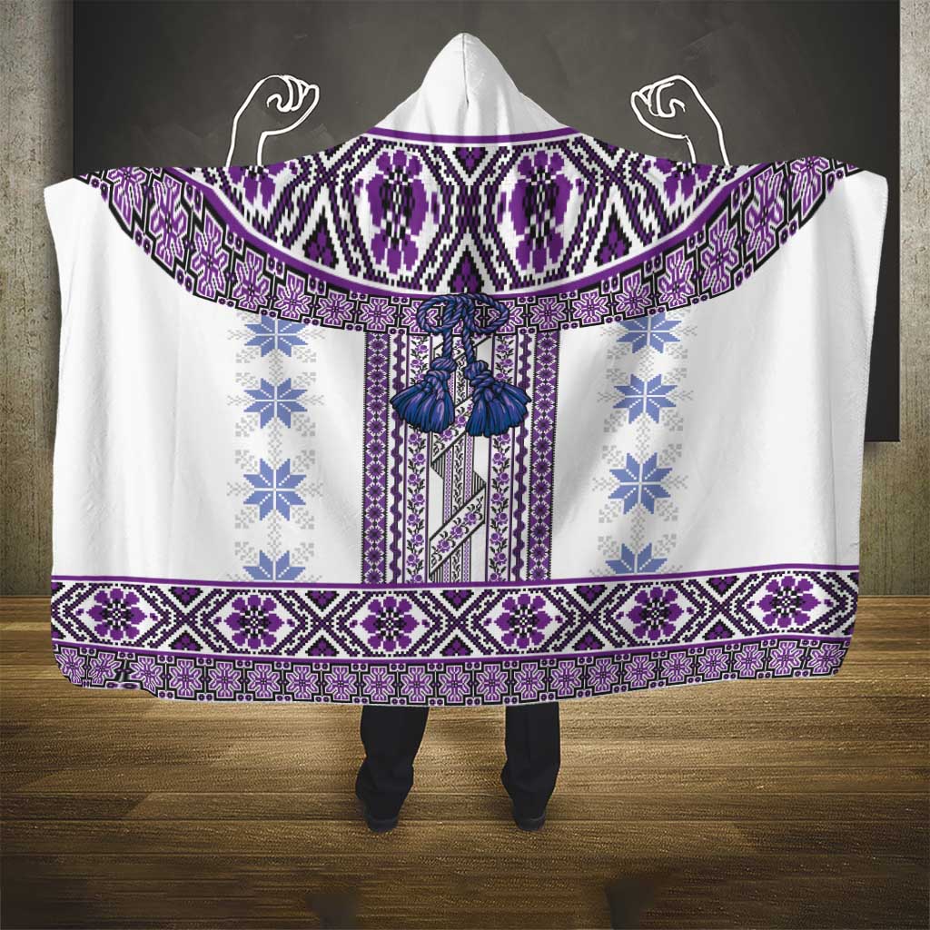 Ukraine Hooded Blanket Traditional Braided Rope Belt Purple Folk Pattern