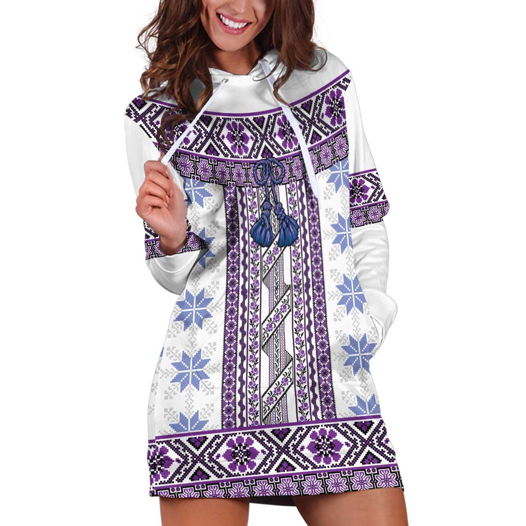 Ukraine Hoodie Dress Traditional Braided Rope Belt Purple Folk Pattern