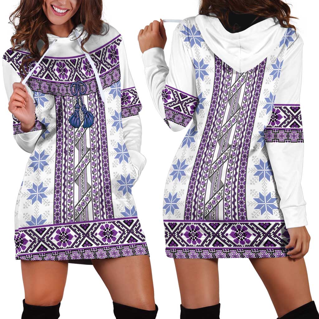 Ukraine Hoodie Dress Traditional Braided Rope Belt Purple Folk Pattern